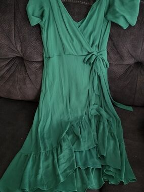 Calvin Klein Emerald Green Wrap Midi Dress with Ruffle Hem